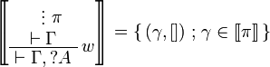 
\sem{
\AxRule{}
\VdotsRule{ \pi }{ \vdash \Gamma }
\LabelRule{ w }
\UnaRule{ \vdash \Gamma, \wn A }
\DisplayProof} =  \set{(\gamma,[])}{\gamma\in\sem\pi}
