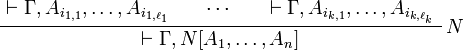 
    \AxRule{ \vdash \Gamma, A_{i_{1,1}}, \ldots, A_{i_{1,\ell_1}} }
    \AxRule{ \cdots }
    \AxRule{ \vdash \Gamma, A_{i_{k,1}}, \ldots, A_{i_{k,\ell_k}} }
    \LabelRule{N}
    \TriRule{ \vdash \Gamma, N[A_1,\ldots,A_n] }
    \DisplayProof
  