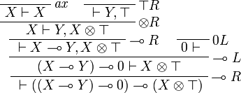 
\LabelRule{\textit{ax}}
\NulRule{X\vdash X}
\LabelRule{\top R}
\NulRule{{}\vdash Y,\top}
\LabelRule{\tens R}
\BinRule{X\vdash Y,X\tens\top}
\LabelRule{\limp R}
\UnaRule{{}\vdash X\limp Y,X\tens\top}
\LabelRule{\zero L}
\NulRule{\zero\vdash {}}
\LabelRule{\limp L}
\BinRule{(X\limp Y)\limp\zero\vdash X\tens\top}
\LabelRule{\limp R}
\UnaRule{{}\vdash((X\limp Y)\limp\zero)\limp(X\tens\top)}
\DisplayProof
