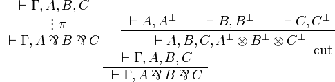 
\AxRule{{}\vdash\Gamma,A,B,C}
\VdotsRule{\pi}{{}\vdash\Gamma,A\parr B\parr C}
\NulRule{{}\vdash A,A\orth}
\NulRule{{}\vdash B,B\orth}
\NulRule{{}\vdash C,C\orth}
\TriRule{{}\vdash A,B,C,A\orth\tens B\orth\tens C\orth}
\LabelRule{\rulename{cut}}
\BinRule{{}\vdash\Gamma,A,B,C}
\UnaRule{{}\vdash\Gamma,A\parr B\parr C}
\DisplayProof
