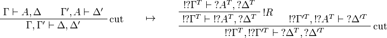 
\AxRule{\Gamma\vdash A,\Delta}
\AxRule{\Gamma',A\vdash\Delta'}
\LabelRule{\rulename{cut}}
\BinRule{\Gamma,\Gamma'\vdash\Delta,\Delta'}
\DisplayProof
\qquad\mapsto\qquad
\AxRule{\oc{\wn{\Gamma^T}}\vdash\wn{A^T},\wn{\Delta^T}}
\LabelRule{\oc R}
\UnaRule{\oc{\wn{\Gamma^T}}\vdash\oc{\wn{A^T}},\wn{\Delta^T}}
\AxRule{\oc{\wn{\Gamma'^T}},\oc{\wn{A^T}}\vdash\wn{\Delta'^T}}
\LabelRule{\rulename{cut}}
\BinRule{\oc{\wn{\Gamma^T}},\oc{\wn{\Gamma'^T}}\vdash\wn{\Delta^T},\wn{\Delta'^T}}
\DisplayProof
