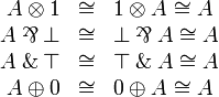 
\begin{array}{rcl}
  A\tens\one  &\cong& \one\tens A\cong A\\
  A\parr\bot  &\cong& \bot\parr A\cong A\\
  A\with\top  &\cong& \top\with A\cong A\\
  A\plus\zero &\cong&\zero\plus A\cong A\\
\end{array}
