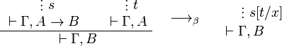 
\AxRule{}
\VdotsRule{s}{{}\vdash\Gamma,A\imp B}
\AxRule{}
\VdotsRule{t}{{}\vdash\Gamma, A}
\BinRule{{}\vdash \Gamma, B}
\LabelRule{\rulename{modus ponens}}
\DisplayProof
\quad
\longrightarrow_\beta
\quad
\AxRule{}
\VdotsRule{s[t/x]}{{}\vdash\Gamma, B}
\DisplayProof
