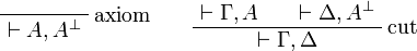 
\LabelRule{\rulename{axiom}}
\NulRule{ \vdash A, A\orth }
\DisplayProof
\qquad
\AxRule{ \vdash \Gamma, A }
\AxRule{ \vdash \Delta, A\orth }
\LabelRule{\rulename{cut}}
\BinRule{ \vdash \Gamma, \Delta }
\DisplayProof
