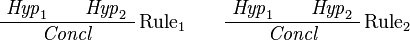 
\AxRule{\textit{Hyp}_1}
\AxRule{\textit{Hyp}_2}
\LabelRule{\text{Rule}_1}
\BinRule{\textit{Concl}}
\DisplayProof
\qquad
\AxRule{\textit{Hyp}_1}
\AxRule{\textit{Hyp}_2}
\LabelRule{\text{Rule}_2}
\BinRule{\textit{Concl}}
\DisplayProof
