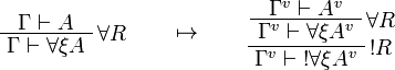 
\AxRule{\Gamma\vdash A}
\LabelRule{\forall R}
\UnaRule{\Gamma\vdash \forall\xi A}
\DisplayProof
\qquad\mapsto\qquad
\AxRule{\Gamma^v\vdash A^v}
\LabelRule{\forall R}
\UnaRule{\Gamma^v\vdash \forall\xi A^v}
\LabelRule{\oc R}
\UnaRule{\Gamma^v\vdash \oc{\forall\xi A^v}}
\DisplayProof
