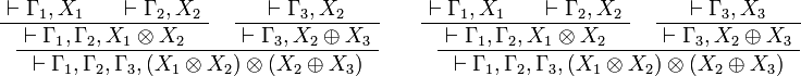 
  \AxRule{ \vdash \Gamma_1, X_1 }
  \AxRule{ \vdash \Gamma_2, X_2 }
  \BinRule{ \vdash \Gamma_1, \Gamma_2, X_1\tens X_2 }
  \AxRule{ \vdash \Gamma_3, X_2 }
  \UnaRule{ \vdash \Gamma_3, X_2\plus X_3 }
  \BinRule{ \vdash \Gamma_1, \Gamma_2, \Gamma_3, (X_1\tens X_2)\tens(X_2\plus X_3) }
  \DisplayProof
\qquad
  \AxRule{ \vdash \Gamma_1, X_1 }
  \AxRule{ \vdash \Gamma_2, X_2 }
  \BinRule{ \vdash \Gamma_1, \Gamma_2, X_1\tens X_2 }
  \AxRule{ \vdash \Gamma_3, X_3 }
  \UnaRule{ \vdash \Gamma_3, X_2\plus X_3 }
  \BinRule{ \vdash \Gamma_1, \Gamma_2, \Gamma_3, (X_1\tens X_2)\tens(X_2\plus X_3) }
  \DisplayProof
