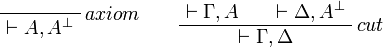 
\LabelRule{axiom}
\NulRule{ \vdash A, A\orth }
\DisplayProof
\qquad
\AxRule{ \vdash \Gamma, A }
\AxRule{ \vdash \Delta, A\orth }
\LabelRule{cut}
\BinRule{ \vdash \Gamma, \Delta }
\DisplayProof
