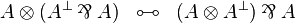 
\begin{array}{rclcrcl}
A \tens (A\orth\parr A) &\linequiv& (A\tens A\orth)\parr A
\end{array}
