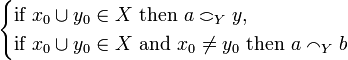 \begin{cases}\text{if } x_0\cup y_0\in X\text{ then } a\coh_Y y,\\
                                                                            \text{if } x_0\cup y_0\in X\text{ and } x_0\neq y_0 \text{ then } a\scoh_Y b\end{cases}