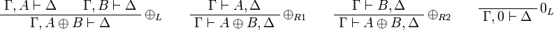 
\AxRule{ \Gamma, A \vdash \Delta }
\AxRule{ \Gamma, B \vdash \Delta }
\LabelRule{ \plus_L }
\BinRule{ \Gamma, A \plus B \vdash \Delta }
\DisplayProof
\qquad
\AxRule{ \Gamma \vdash A, \Delta }
\LabelRule{ \plus_{R1} }
\UnaRule{ \Gamma \vdash A \plus B, \Delta }
\DisplayProof
\qquad
\AxRule{ \Gamma \vdash B, \Delta }
\LabelRule{ \plus_{R2} }
\UnaRule{ \Gamma \vdash A \plus B, \Delta }
\DisplayProof
\qquad
\LabelRule{ \zero_L }
\NulRule{ \Gamma, \zero \vdash \Delta }
\DisplayProof
