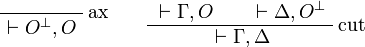 
\LabelRule{\rulename{ax}}
\NulRule{\vdash O\orth,O}
\DisplayProof
\qquad
\AxRule{{}\vdash \Gamma,O}
\AxRule{{}\vdash\Delta,O\orth}
\LabelRule{\rulename{cut}}
\BinRule{{}\vdash\Gamma,\Delta}
\DisplayProof
