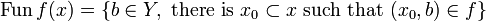 \mathrm{Fun}\,f(x) = \{b\in Y,\text{ there is }x_0\subset x\text{ such that }(x_0, b)\in f\}