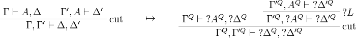 
\AxRule{\Gamma\vdash A,\Delta}
\AxRule{\Gamma',A\vdash \Delta'}
\LabelRule{\rulename{cut}}
\BinRule{\Gamma,\Gamma'\vdash \Delta,\Delta'}
\DisplayProof
\qquad\mapsto\qquad
\AxRule{\Gamma^Q\vdash \wn{A^Q},\wn{\Delta^Q}}
\AxRule{\Gamma'^Q,A^Q\vdash \wn{\Delta'^Q}}
\LabelRule{\wn L}
\UnaRule{\Gamma'^Q,\wn{A^Q}\vdash \wn{\Delta'^Q}}
\LabelRule{\rulename{cut}}
\BinRule{\Gamma^Q,\Gamma'^Q\vdash \wn{\Delta^Q},\wn{\Delta'^Q}}
\DisplayProof
