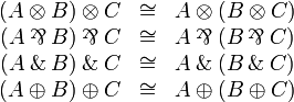 
\begin{array}{rcl}
  (A\tens B)\tens C &\cong& A\tens(B\tens C)\\
  (A\parr B)\parr C &\cong& A\parr(B\parr C)\\
  (A\with B)\with C &\cong& A\with(B\with C)\\
  (A\plus B)\plus C &\cong& A\plus(B\plus C)\\
\end{array}
