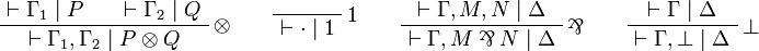 
\AxRule{\vdash\Gamma_1\mid P}
\AxRule{\vdash\Gamma_2\mid Q}
\LabelRule{\tens}
\BinRule{\vdash\Gamma_1,\Gamma_2\mid P\otimes Q}
\DisplayProof
\qquad
\LabelRule{\one}
\NulRule{\vdash\cdot\mid\one}
\DisplayProof
\qquad
\AxRule{\vdash\Gamma, M, N\mid \Delta}
\LabelRule{\parr}
\UnaRule{\vdash\Gamma, M\parr N\mid \Delta}
\DisplayProof
\qquad
\AxRule{\vdash\Gamma\mid \Delta}
\LabelRule{\bot}
\UnaRule{\vdash\Gamma, \bot\mid\Delta}
\DisplayProof
