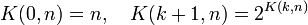 K(0,n)=n, \quad K(k+1,n)=2^{K(k,n)}