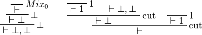 
\LabelRule{Mix_0}
\NulRule{\vdash}
\LabelRule{\bot}
\UnaRule{\vdash\bot}
\LabelRule{\bot}
\UnaRule{\vdash\bot,\bot}
\DisplayProof
\qquad
\LabelRule{\one}
\NulRule{\vdash\one}
\AxRule{\vdash\bot,\bot}
\LabelRule{\rulename{cut}}
\BinRule{\vdash\bot}
\LabelRule{\one}
\NulRule{\vdash\one}
\LabelRule{\rulename{cut}}
\BinRule{\vdash}
\DisplayProof
