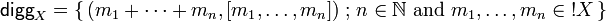 \mathsf{digg}_X=\set{(m_1+\cdots+m_n,[m_1,\dots,m_n])}{n\in\mathbb N\ \text{and}\ m_1,\dots,m_n\in\oc X}