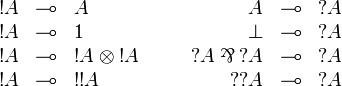 
\begin{array}{rclcrcl}
  \oc A &\limp& A &\quad& A&\limp&\wn A\\
  \oc A &\limp& 1 &\quad& \bot &\limp& \wn A\\
  \oc A &\limp& \oc A\tens\oc A &\quad& 
  \wn A\parr\wn A &\limp& \wn A\\
  \oc A &\limp& \oc\oc A &\quad& \wn\wn A &\limp& \wn A\\
\end{array}
