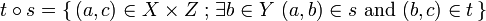 t\circ s=\set{(a,c)\in X\times Z}{\exists b\in Y\ (a,b)\in s\ \text{and}\ (b,c)\in t}