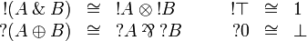 
\begin{array}{rclcrcl}
  \oc(A\with B) &\cong& \oc A\tens\oc B &\quad& \oc\top &\cong& \one\\
  \wn(A\plus B) &\cong& \wn A\parr\wn B &\quad& \wn\zero &\cong& \bot\\
\end{array}

