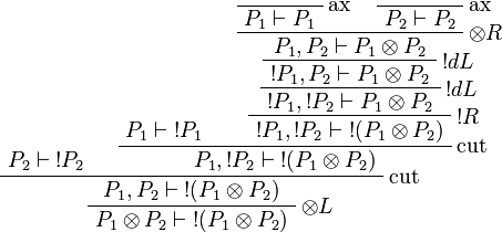 
\AxRule{P_2\vdash\oc{P_2}}
\AxRule{P_1\vdash\oc{P_1}}
\LabelRule{\rulename{ax}}
\NulRule{P_1\vdash P_1}
\LabelRule{\rulename{ax}}
\NulRule{P_2\vdash P_2}
\LabelRule{\tens R}
\BinRule{P_1,P_2\vdash P_1\tens P_2}
\LabelRule{\oc d L}
\UnaRule{\oc{P_1},P_2\vdash P_1\tens P_2}
\LabelRule{\oc d L}
\UnaRule{\oc{P_1},\oc{P_2}\vdash P_1\tens P_2}
\LabelRule{\oc R}
\UnaRule{\oc{P_1},\oc{P_2}\vdash\oc{(P_1\tens P_2)}}
\LabelRule{\rulename{cut}}
\BinRule{P_1,\oc{P_2}\vdash\oc{(P_1\tens P_2)}}
\LabelRule{\rulename{cut}}
\BinRule{P_1,P_2\vdash\oc{(P_1\tens P_2)}}
\LabelRule{\tens L}
\UnaRule{P_1\tens P_2\vdash\oc{(P_1\tens P_2)}}
\DisplayProof
