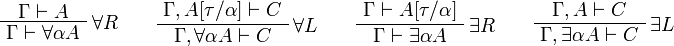 
\AxRule{\Gamma\vdash A}
\LabelRule{\forall R}
\UnaRule{\Gamma\vdash \forall\alpha A}
\DisplayProof
\qquad
\AxRule{\Gamma,A[\tau/\alpha]\vdash C}
\LabelRule{\forall L}
\UnaRule{\Gamma,\forall\alpha A\vdash C}
\DisplayProof
\qquad
\AxRule{\Gamma\vdash A[\tau/\alpha]}
\LabelRule{\exists R}
\UnaRule{\Gamma\vdash\exists\alpha A}
\DisplayProof
\qquad
\AxRule{\Gamma,A\vdash C}
\LabelRule{\exists L}
\UnaRule{\Gamma,\exists\alpha A\vdash C}
\DisplayProof
