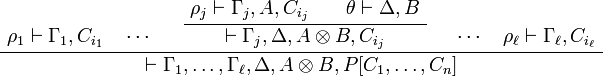 
    \AxRule{ \rho_1 \vdash \Gamma_1, C_{i_1} \quad\cdots }
    \AxRule{ \rho_j \vdash \Gamma_j, A, C_{i_j} }
    \AxRule{ \theta \vdash \Delta, B }
    \BinRule{ \vdash \Gamma_j, \Delta, A\tens B, C_{i_j} }
    \AxRule{ \cdots\quad \rho_\ell \vdash \Gamma_\ell, C_{i_\ell} }
    \TriRule{ \vdash \Gamma_1, \ldots, \Gamma_\ell, \Delta, A\tens B, P[C_1,\ldots,C_n] }
    \DisplayProof
  