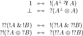 
\begin{array}{rcl}
  \one &\linequiv& \oc{(A\orth\parr A)} \\
  \bot &\linequiv& \wn{(A\orth\tens A)} \\
\\
  \oc{\wn{(\oc{A}\with\oc{B})}} &\linequiv& \oc{(\wn{\oc{A}}\with\wn{\oc{B}})} \\
  \wn{\oc{(\wn{A}\plus\wn{B})}} &\linequiv& \wn{(\oc{\wn{A}}\plus\oc{\wn{B}})}
\end{array}
