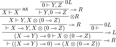 
\LabelRule{\rulename{ax}}
\NulRule{X\vdash X}
\LabelRule{\zero L}
\NulRule{\zero\vdash Y,Z}
\LabelRule{\limp R}
\UnaRule{{}\vdash Y,\zero\limp Z}
\LabelRule{\tens R}
\BinRule{X\vdash Y,X\tens(\zero\limp Z)}
\LabelRule{\limp R}
\UnaRule{{}\vdash X\limp Y,X\tens(\zero\limp Z)}
\LabelRule{\zero L}
\NulRule{\zero\vdash {}}
\LabelRule{\limp L}
\BinRule{(X\limp Y)\limp\zero\vdash X\tens(\zero\limp Z)}
\LabelRule{\limp R}
\UnaRule{{}\vdash((X\limp Y)\limp\zero)\limp(X\tens(\zero\limp Z))}
\DisplayProof
