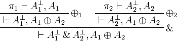 
\AxRule{ \pi_1 \vdash A_1\orth, A_1 }
\LabelRule{ \plus_1 }
\UnaRule{ \vdash A_1\orth, A_1 \plus A_2 }
\AxRule{ \pi_2 \vdash A_2\orth, A_2 }
\LabelRule{ \plus_2 }
\UnaRule{ \vdash A_2\orth, A_1 \plus A_2 }
\LabelRule{ \with }
\BinRule{ \vdash A_1\orth \with A_2\orth, A_1 \plus A_2 }
\DisplayProof
