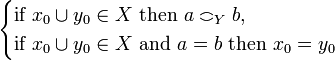 \begin{cases}\text{if } x_0\cup y_0\in X\text{ then } a\coh_Y b,\\
                                                                            \text{if } x_0\cup y_0\in X\text{ and } a = b\text{ then } x_0 = y_0\end{cases}