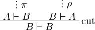 \AxRule{}\VdotsRule{\pi}{A \vdash B}\AxRule{}\VdotsRule{\rho}{B \vdash A}\LabelRule{\rulename{cut}}\BinRule{B\vdash B}\DisplayProof