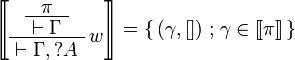 
\sem{
\AxRule{ \pi }
\UnaRule{ \vdash \Gamma }
\LabelRule{ w }
\UnaRule{ \vdash \Gamma, \wn A }
\DisplayProof} =  \set{(\gamma,[])}{\gamma\in\sem\pi}
