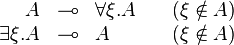 
\begin{array}{rcll}
  A &\limp& \forall \xi.A  &\quad  (\xi\notin A) \\
  \exists \xi.A &\limp& A  &\quad  (\xi\notin A)
\end{array}
