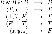 
\begin{array}{rcl}
  B\with B\with B           &\longrightarrow& B\\
  \langle T, F, \bot\rangle &\longrightarrow& T\\
  \langle \bot, T, F\rangle &\longrightarrow& T\\
  \langle F, \bot, T\rangle &\longrightarrow& T\\
  \langle x, y, z\rangle    &\longrightarrow& F
\end{array}
